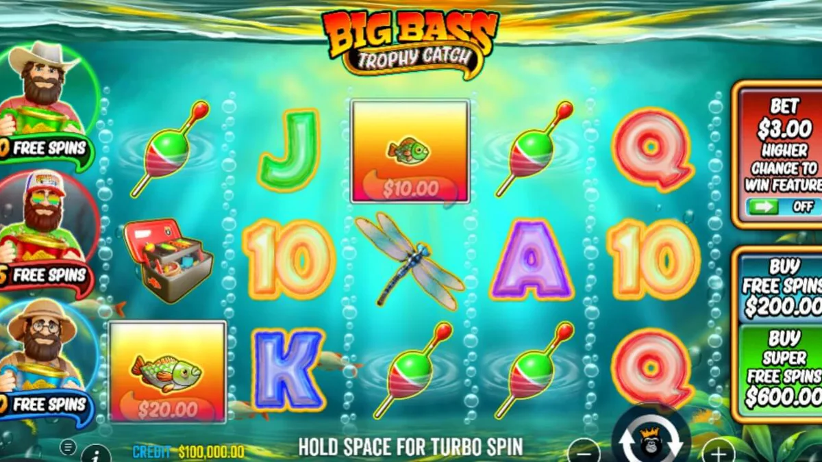 Tampilan layar permainan slot Big Bass Trophy Catch dengan tema memancing dan Wild West