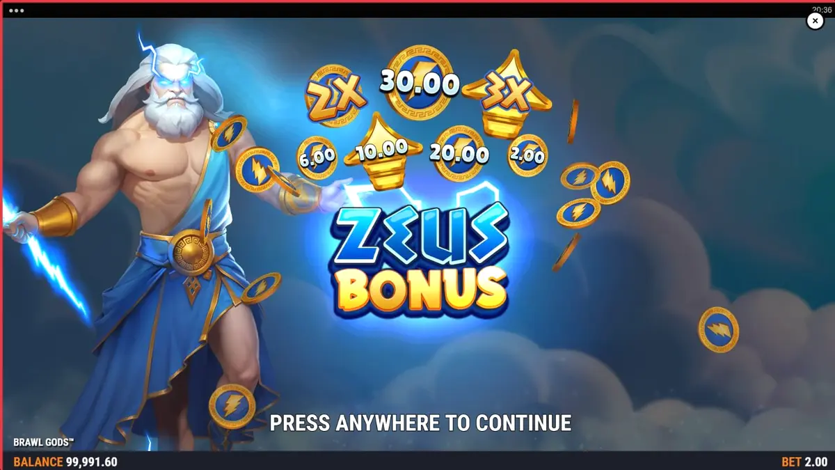 Tampilan layar terbagi yang menampilkan Zeus dan Hades dalam slot Brawl Gods